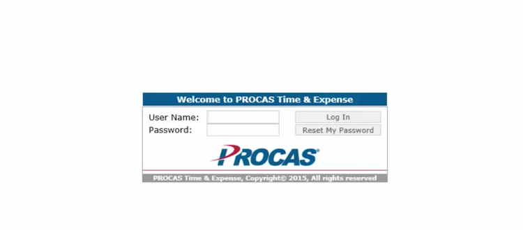 PROCAS Accounting for Government Contractors screenshot: Log in to PROCAS securely with user name and password