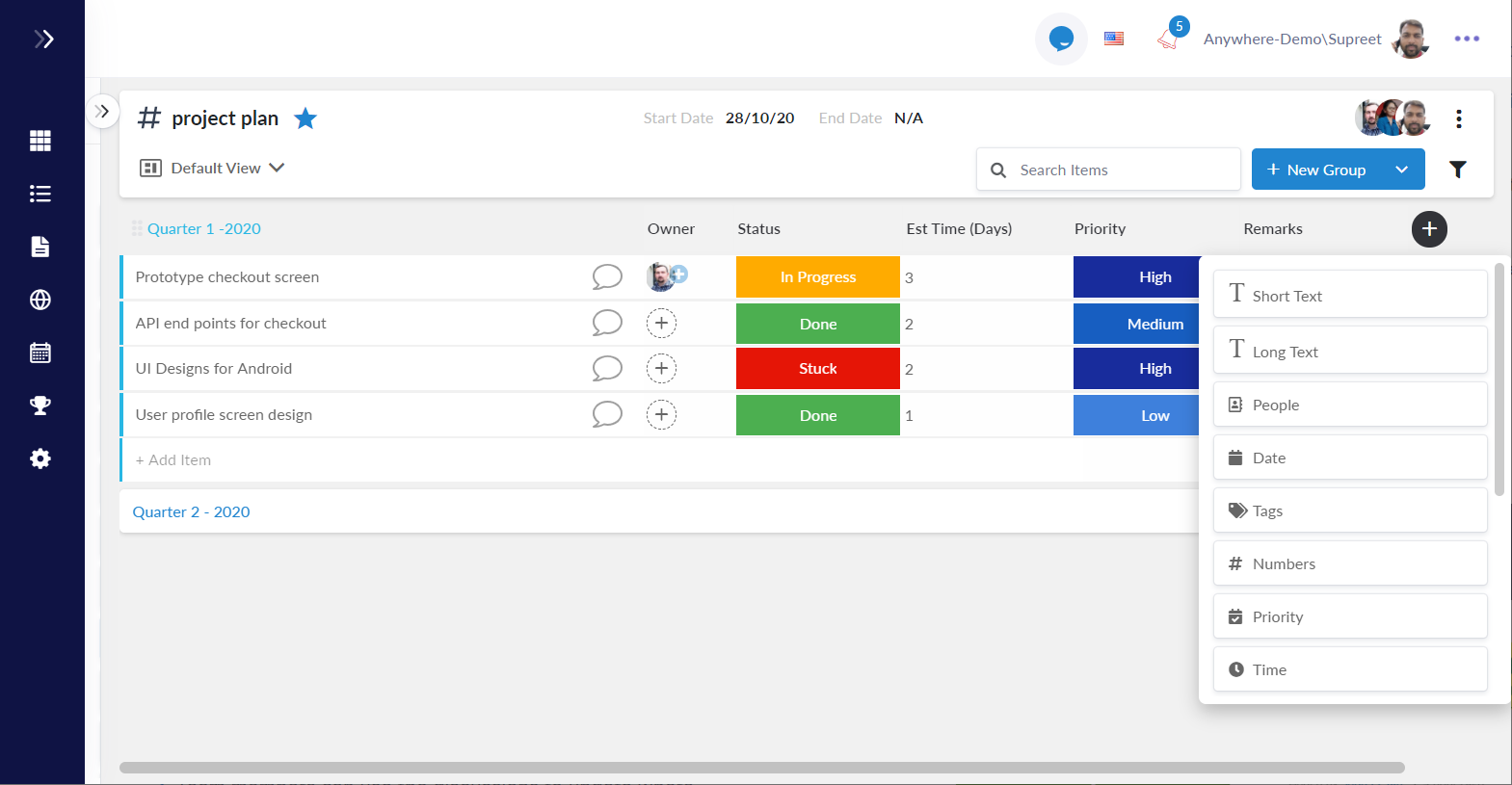 Anywhere screenshot: Over 18 column types to choose from to customize your project boards.