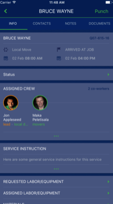 Employees can be tracked with details on hours worked, assigned tasks, requested equipment, and more