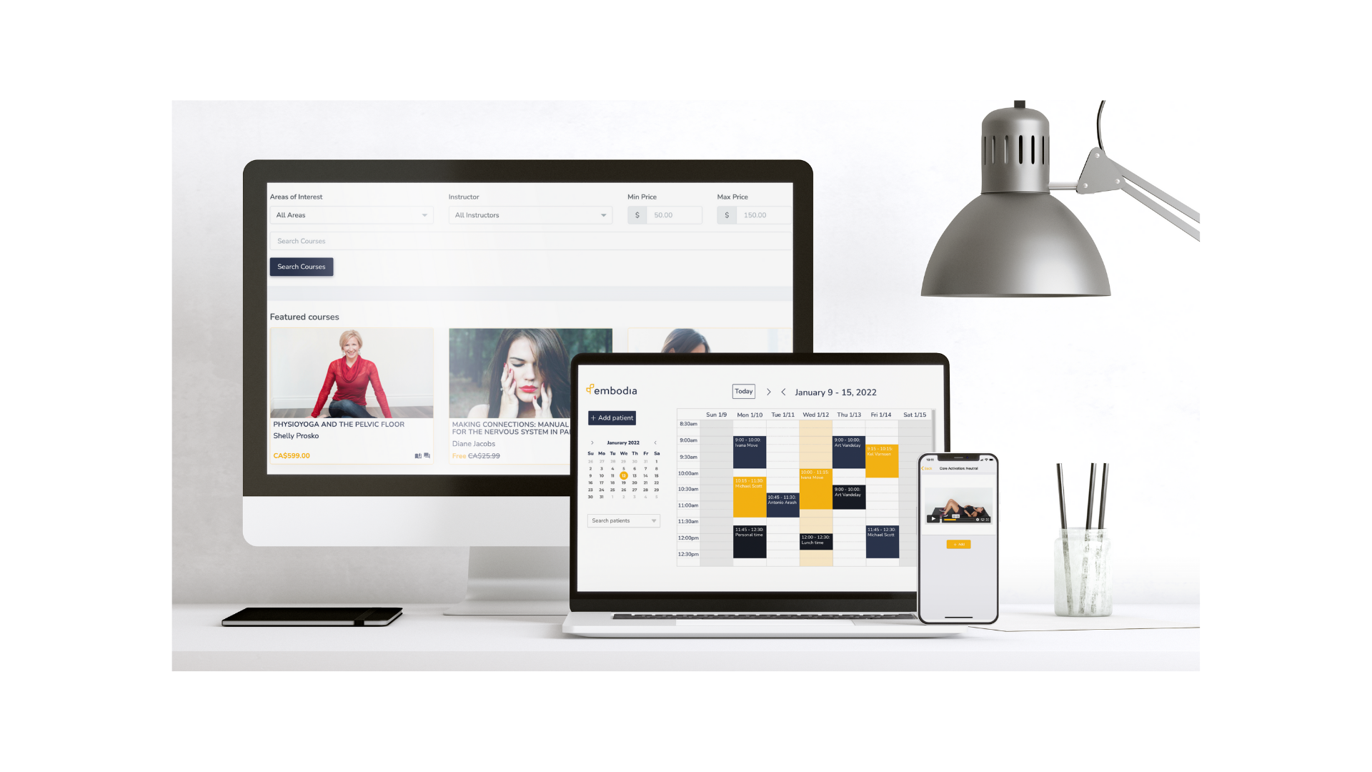 Embodia screenshot: Embodia for online continuing education, HEP, and scheduling. Available on all devices including web and mobile