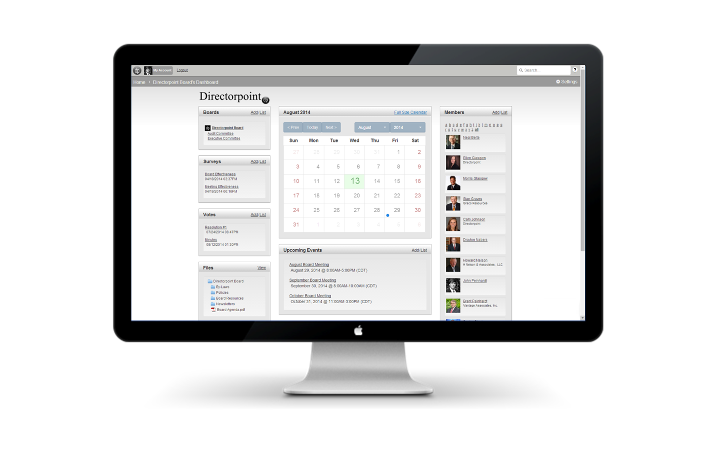The dashboard enables users to manage calendars, view members, surveys, and more