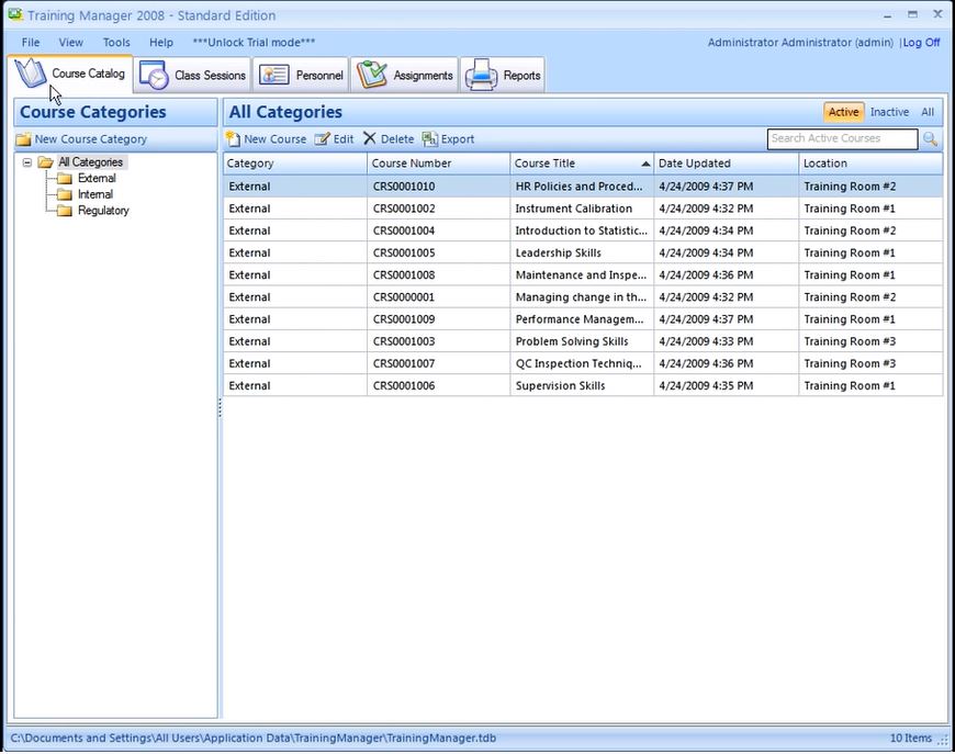 Training Manager screenshot: Training Manager course categories