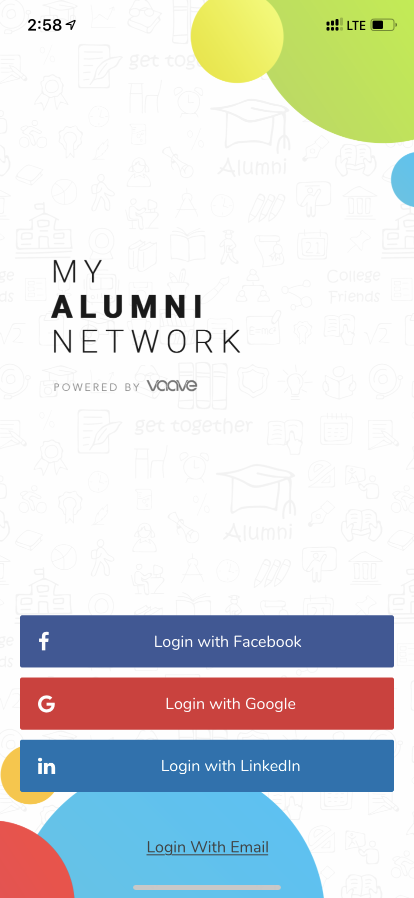 Vaave Software - My Alumni Network mobile app available in both Android & iOS -  Registered users can sign using Facebook , LinkedIn , Google or with email