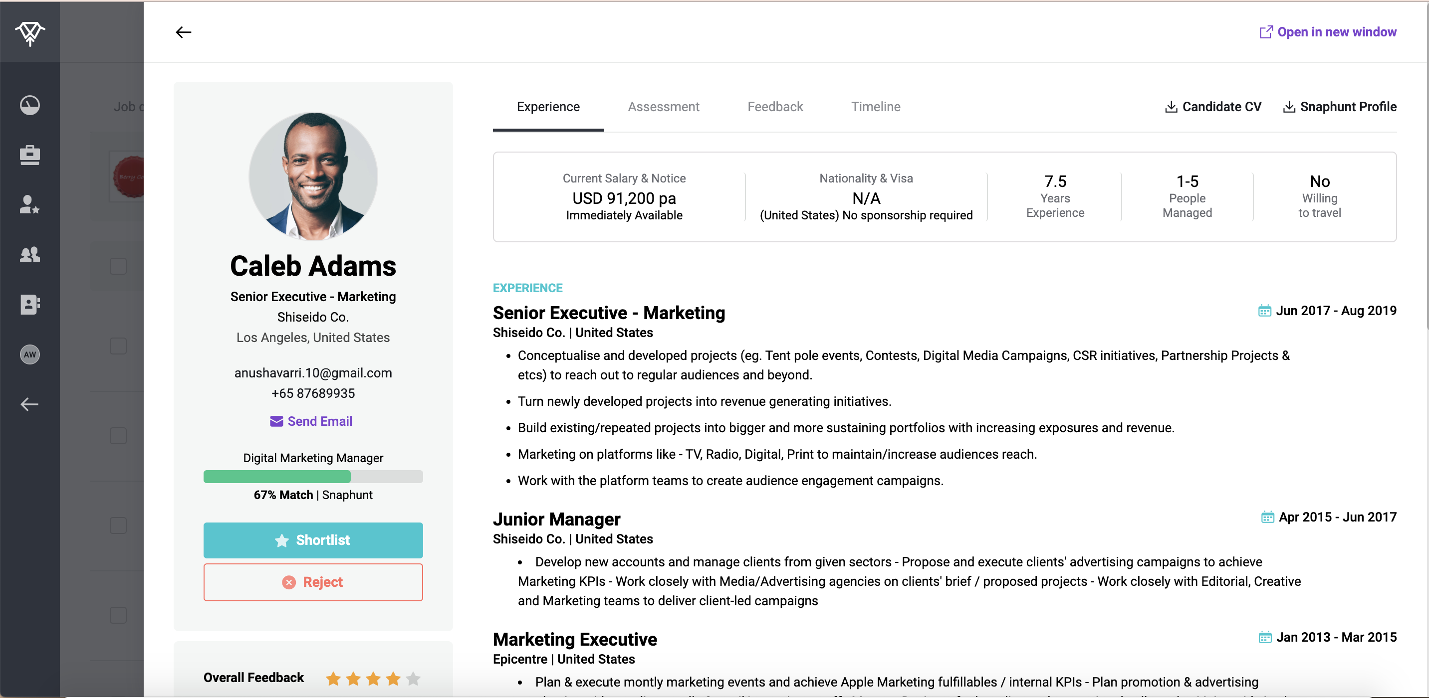 Snaphunt screenshot: Snaphunt | Candidate Profile