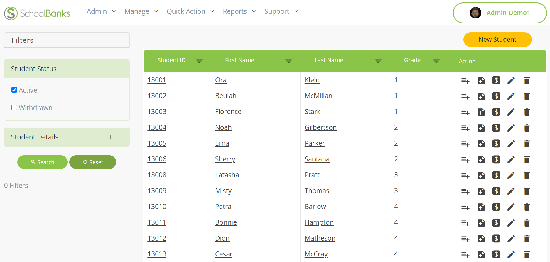 SchoolBanks.Com screenshot: Student manager feature