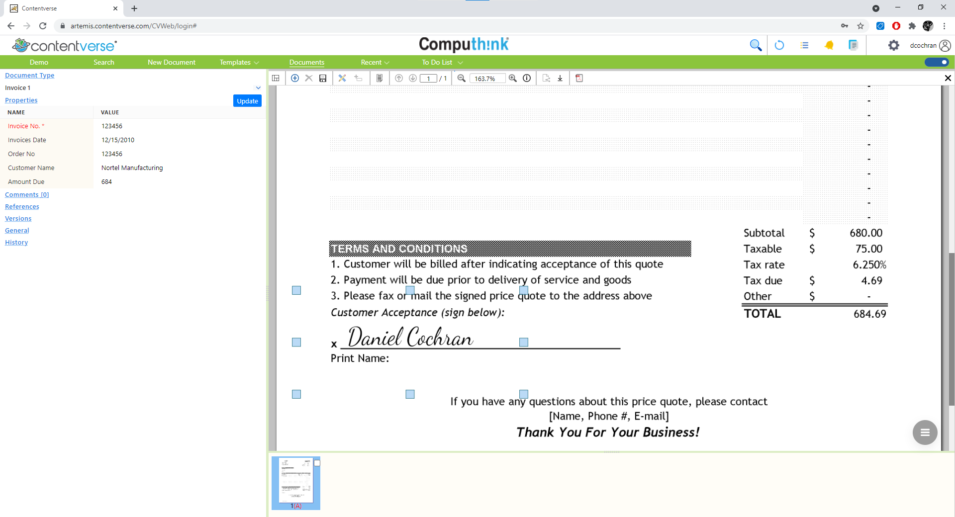 Contentverse Software - Electronic Signature features allow users to add their unique signature as a stamp or drawing, including metadata for the name, date, and time of signing.