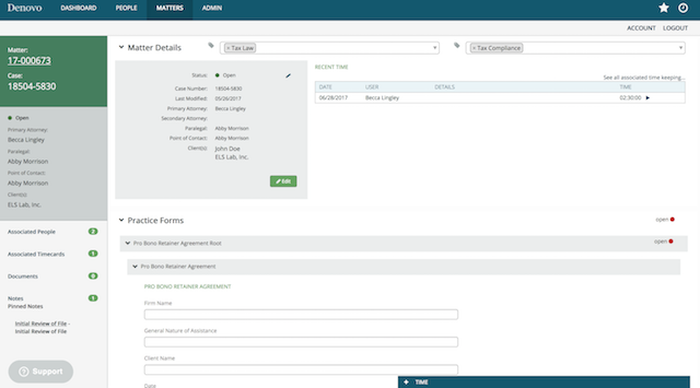 Denovo screenshot: Denovo matter details
