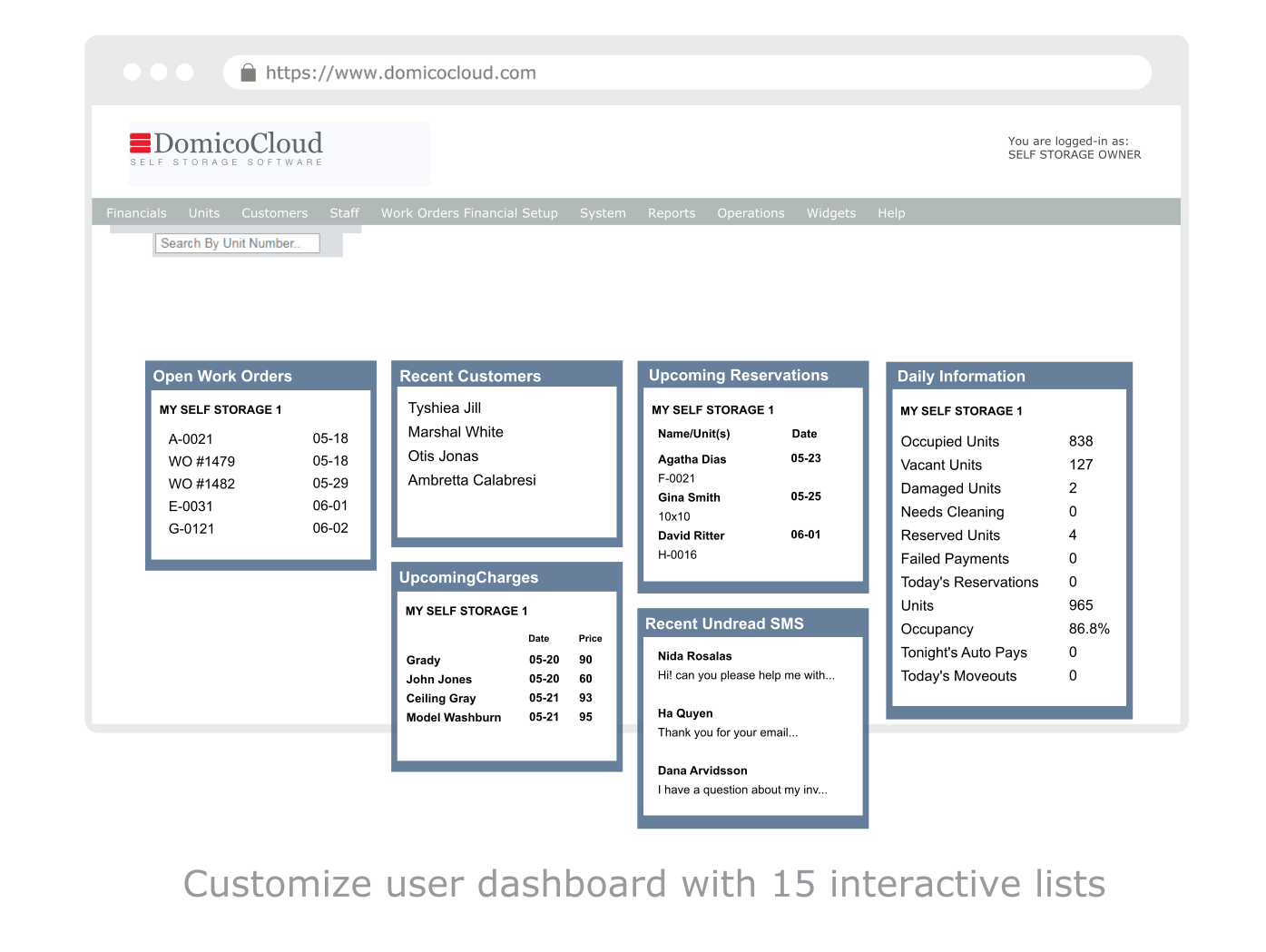 DomicoCloud screenshot: Organize your data on the DomicoCloud dashboard using 15 interactive lists. Users customize their own dashboard. Click on reservations, tenant names, units, and more with these lists.