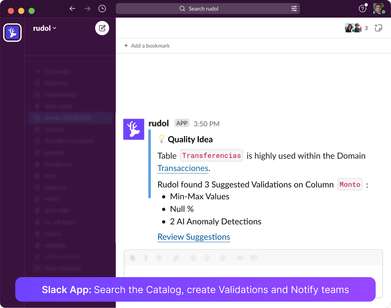 Slack App: Search the Catalog, create Validations and Notify teams 