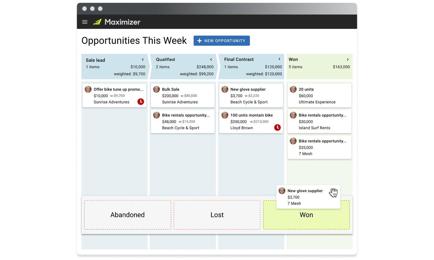 Maximizer CRM Software - Opportunities Viewer shows all opportunities in the company funnel, dives into pipeline activity and progress for individual reps, and continually fine-tunes strategic direction based on trends.