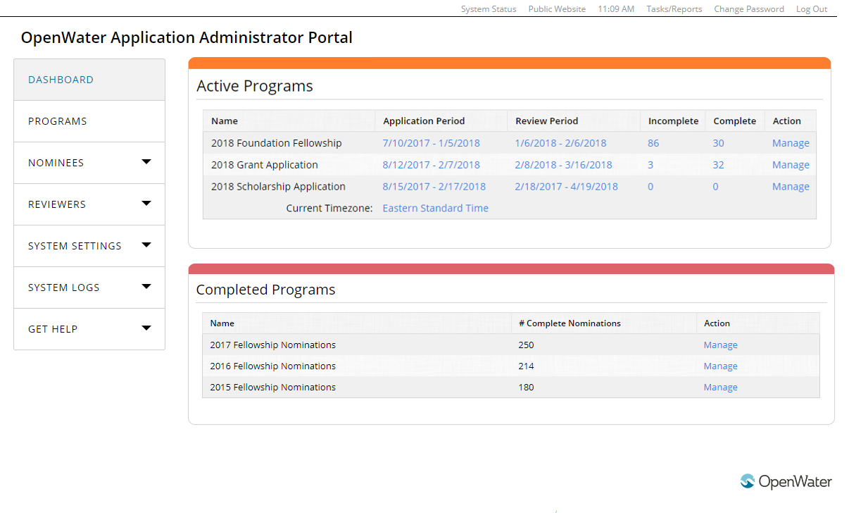 OpenWater Software - OpenWater administrator portal screenshot