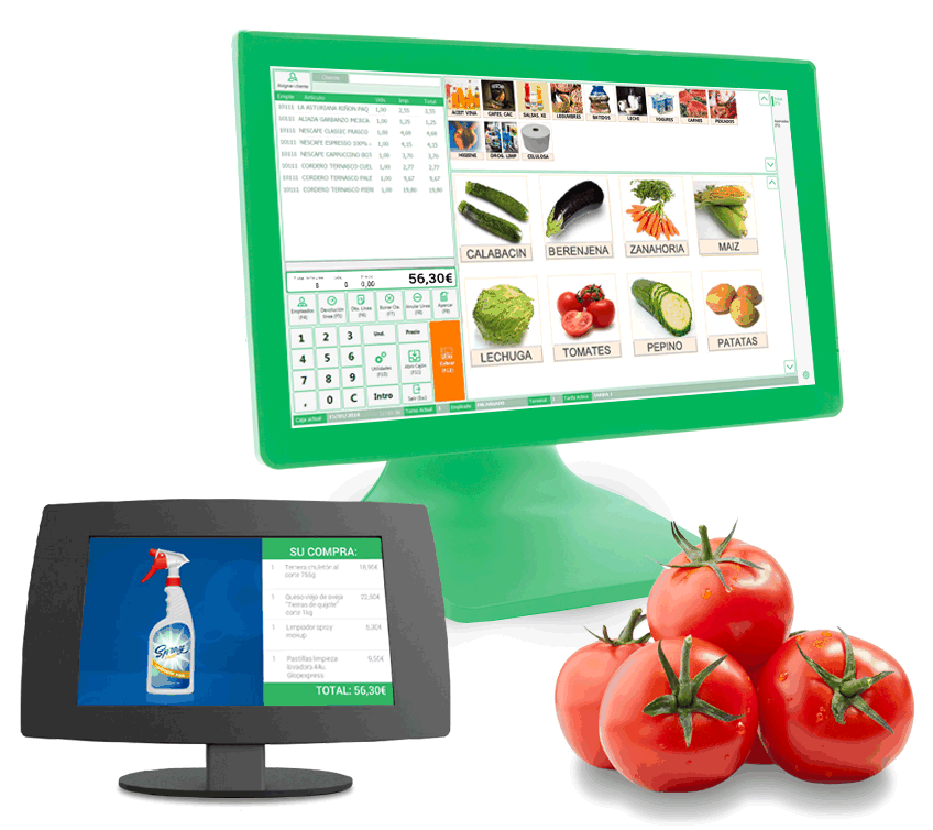 Tpv Tiendas de Alimentación screenshot: Pantalla de ventas con visor de clientes con promociones