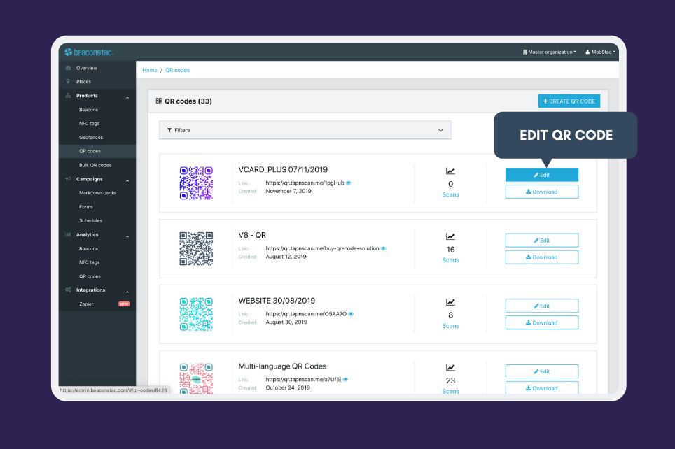 Organize, manage, and make edits at any time without having to re-print QR codes (API access is also available).