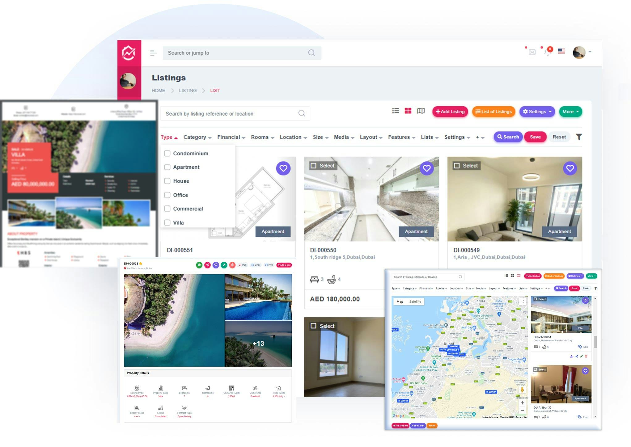 RealEstateCRM.io Software - Listing management multi views (map, list) + pdf generation + one click sharing