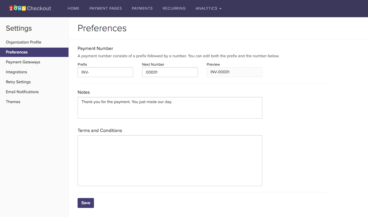 Users can add custom Terms and Conditions, and notes to their invoices