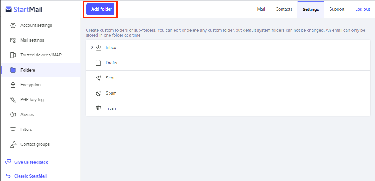 StartMail screenshot: StartMail create folders