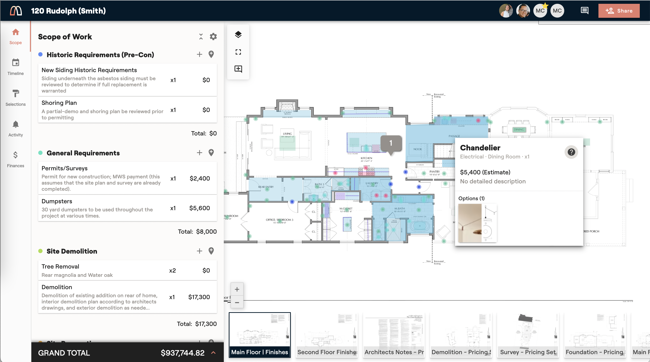 Materio’s projects are built on floor plans where you can improves the accuracy of your estimates by creating scope items directly on the plans. Look up and find selections and materials easily by using the plan as navigation and make sure your clients