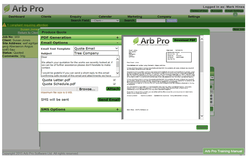 Arb Pro Software - Arb Pro allows users to send text messages and emails with every quotation and invoice sent from the system