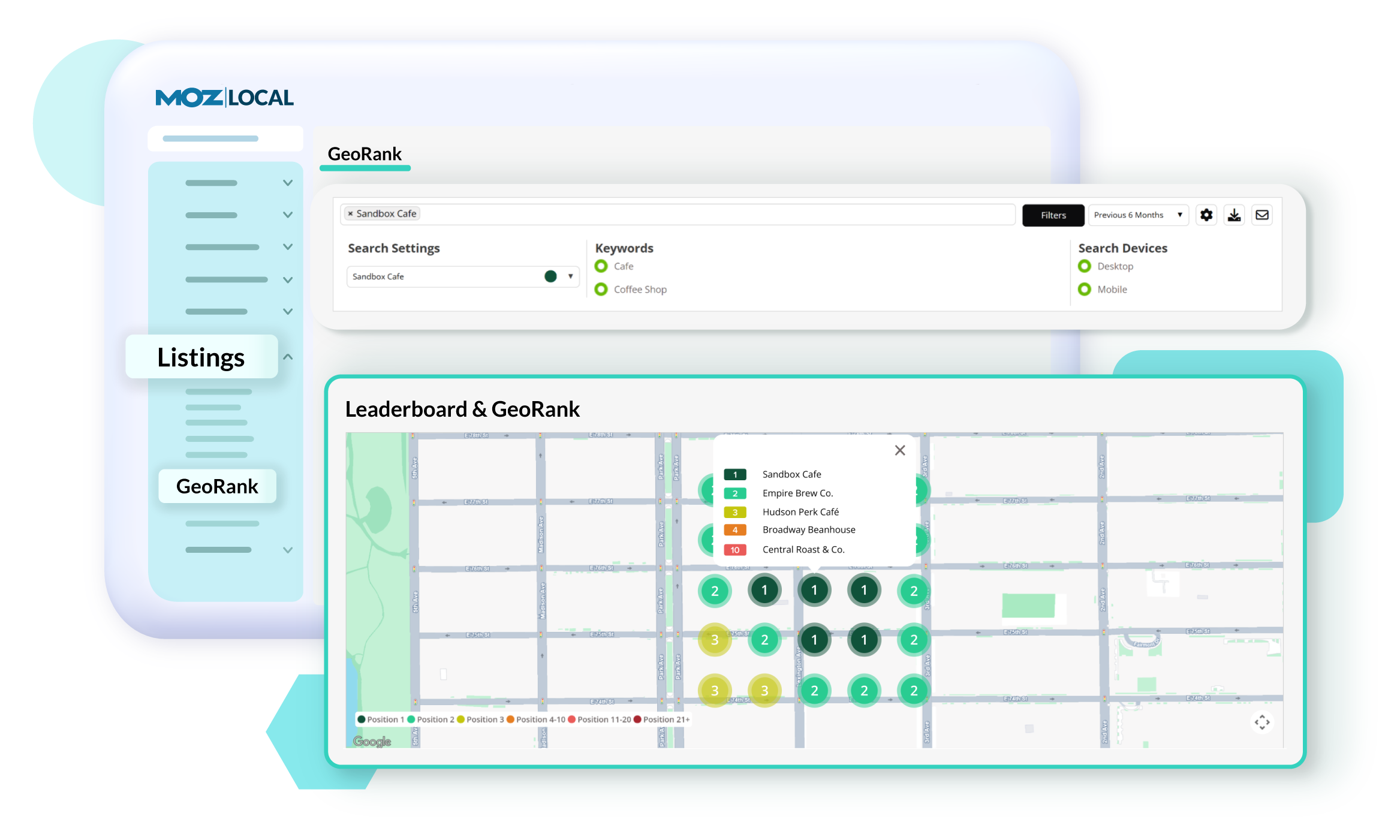Moz Local screenshot: GeoRank shows how your business and competitors rank in Google local search across neighborhoods. Set grids, track keyword rankings on interactive maps, and spot trends to uncover opportunities, improve visibility, and expand your reach.