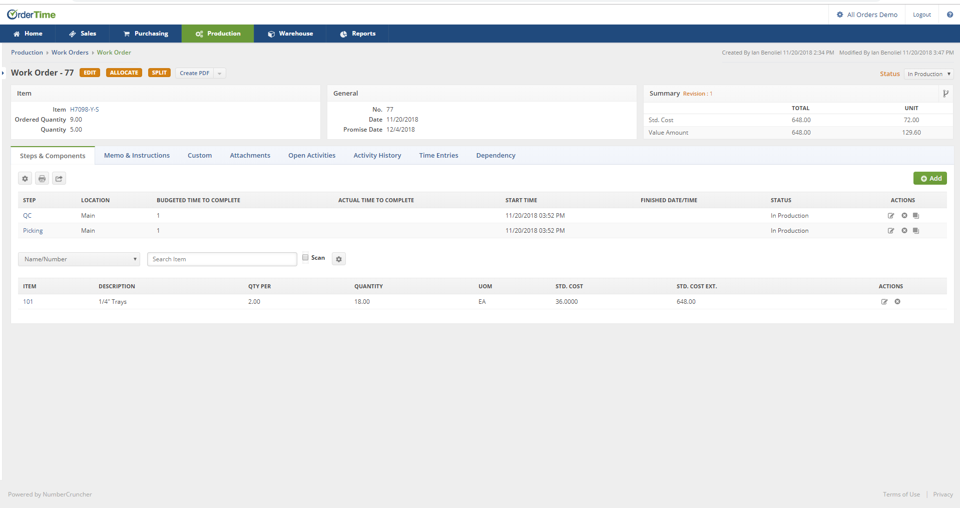 Order Time Inventory Software - Work Order with Steps and Components