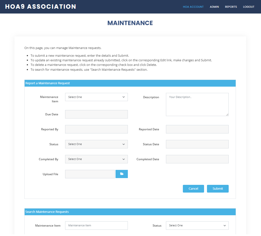 Maintenance page where Administrator can update the status of a request, ask for more details etc.