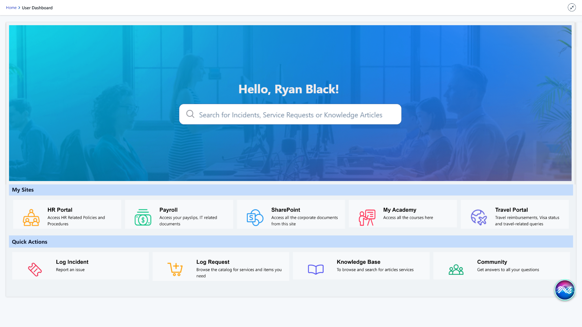 Summit screenshot: Unified service portal
A single service portal ends the complexity of multiple IT sites and interfaces, making it easy for end users to get all their service issues addressed. By consolidating the user’s service needs into one place, users can find what t