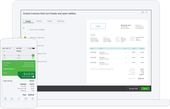 Quickbooks Online Software - Create invoices from pre-designed templates