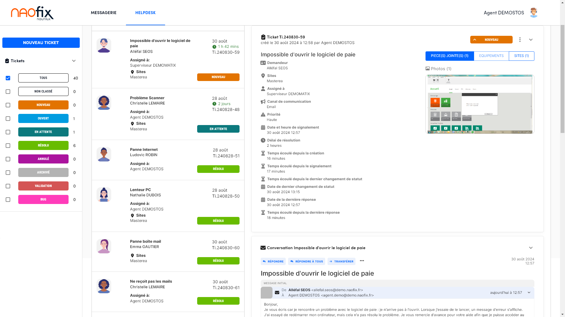 Naofix screenshot: Naofix’s ticketing system centralizes and systematically organizes all customer requests in a single, unified dashboard. It enables automated tracking, prioritization, and assignment of incidents based on predefined criteria.