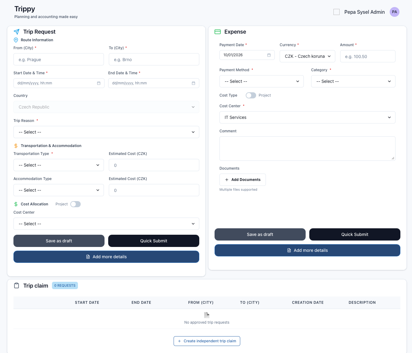 Trippy screenshot: Trippy dashboard