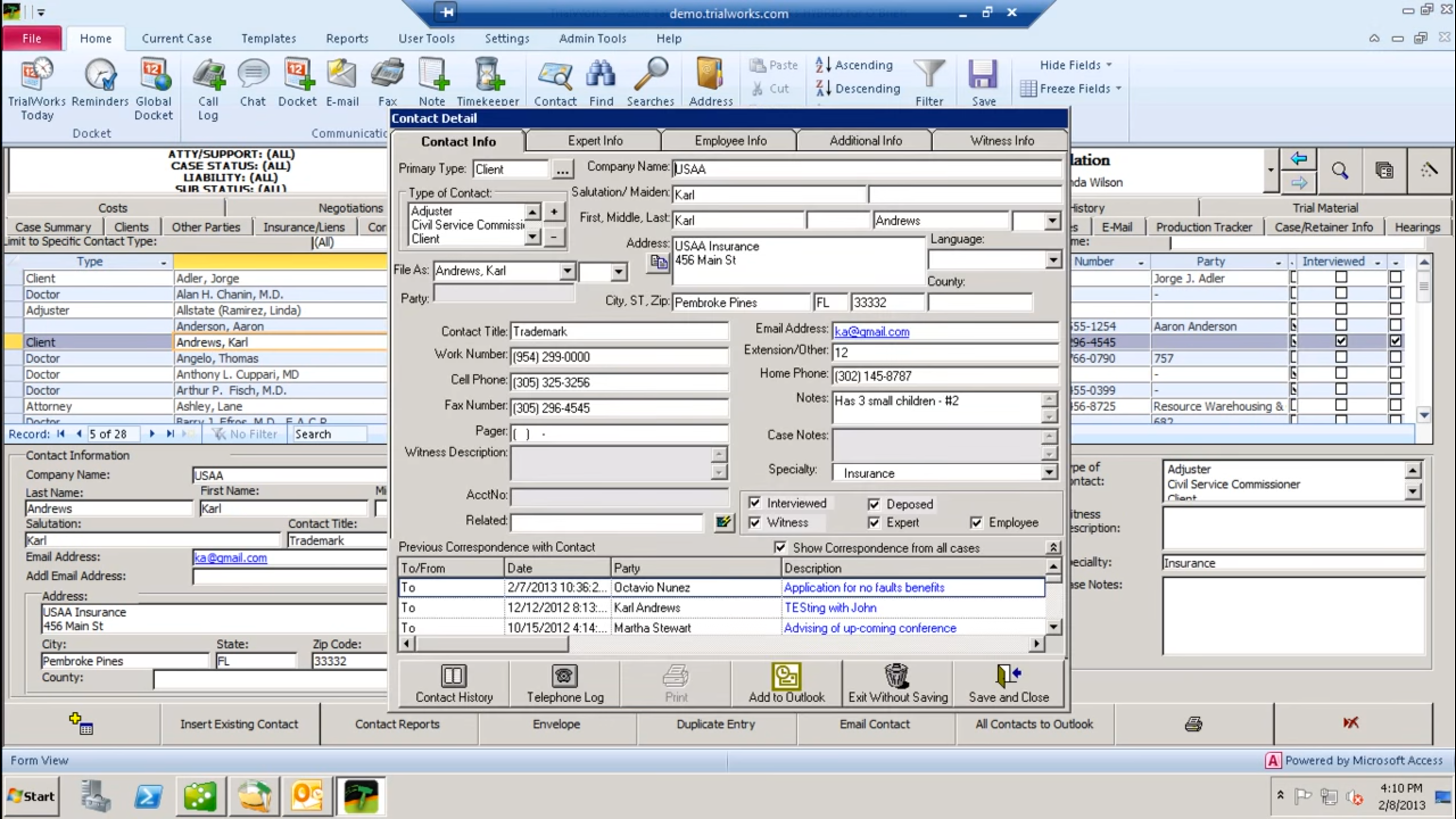 TrialWorks Software - View records for every contact relating to a case within a matter of clicks