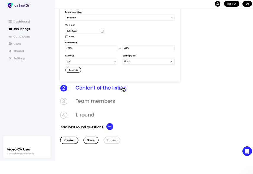VideoCV screenshot: VideoCV job listing creation