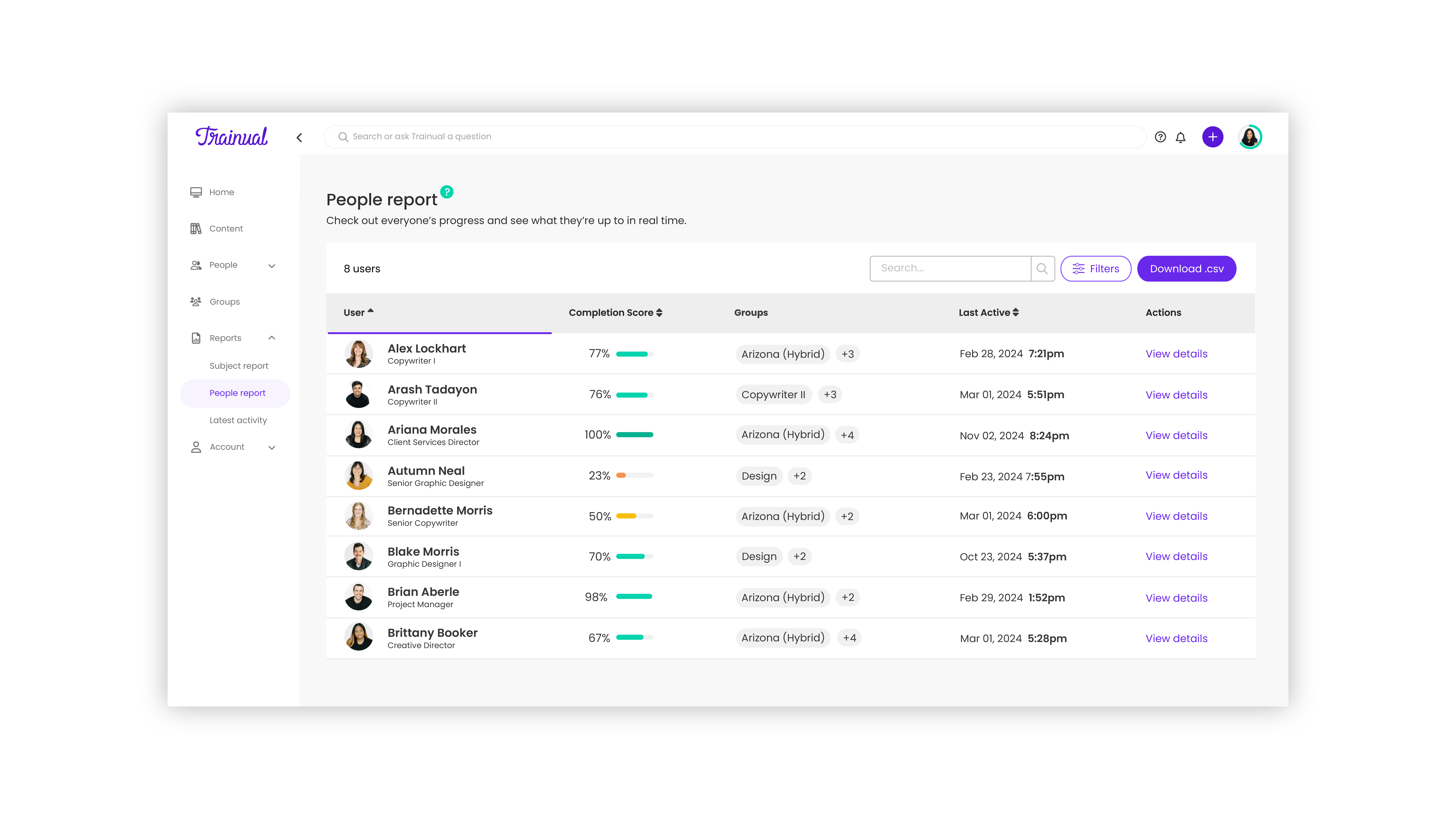 Keep tabs on training and onboarding with people and subject reports