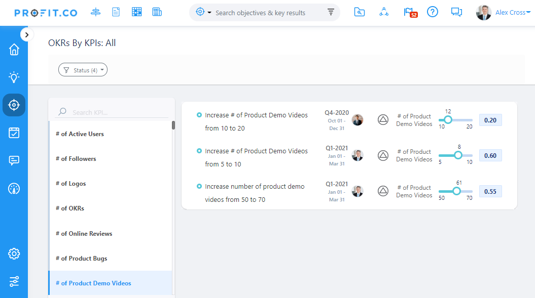 Profit.co Software - Filter OKR by Metrics (KPIs)