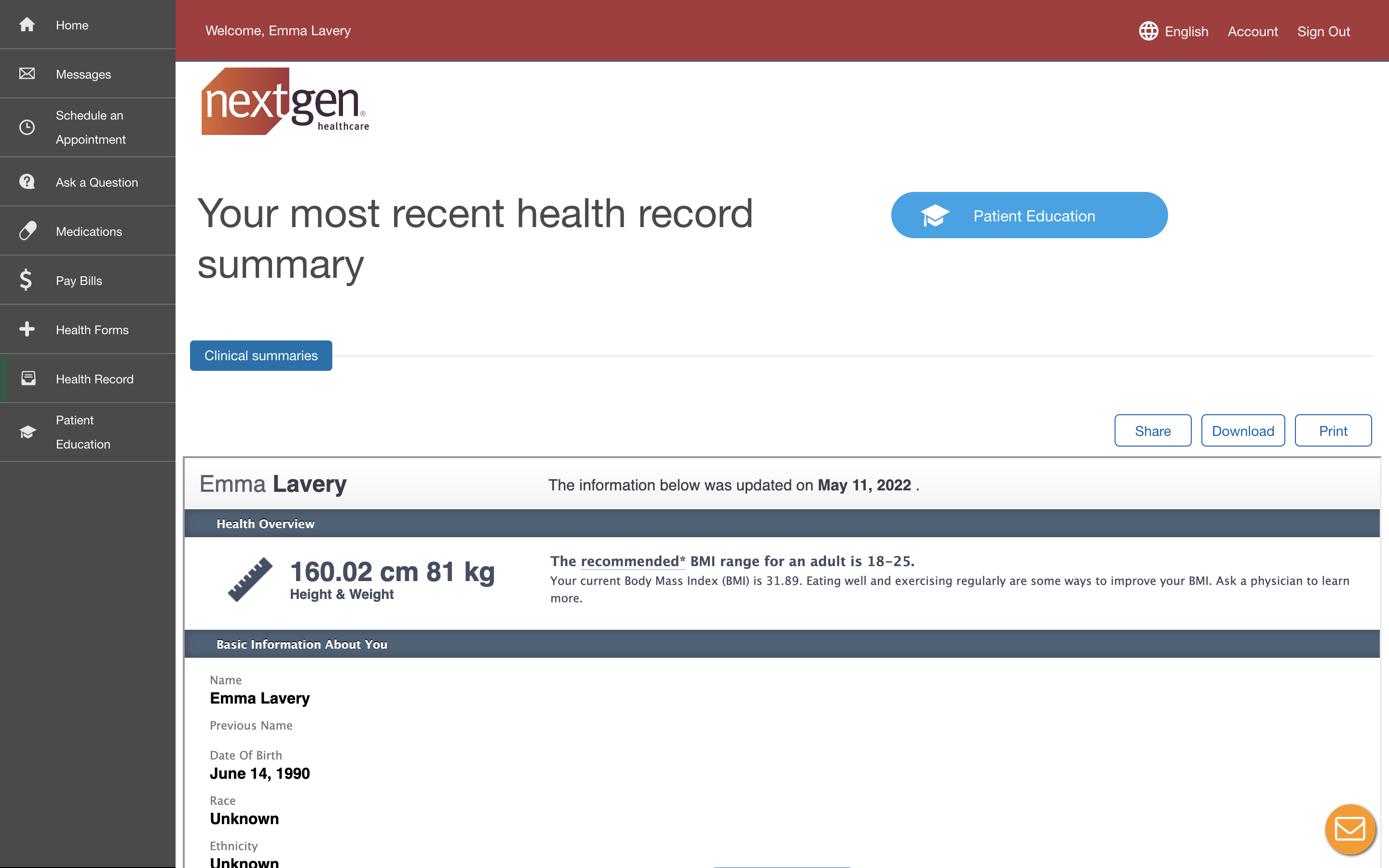 NextGen Enterprise Patient Portal - Health Record Summary