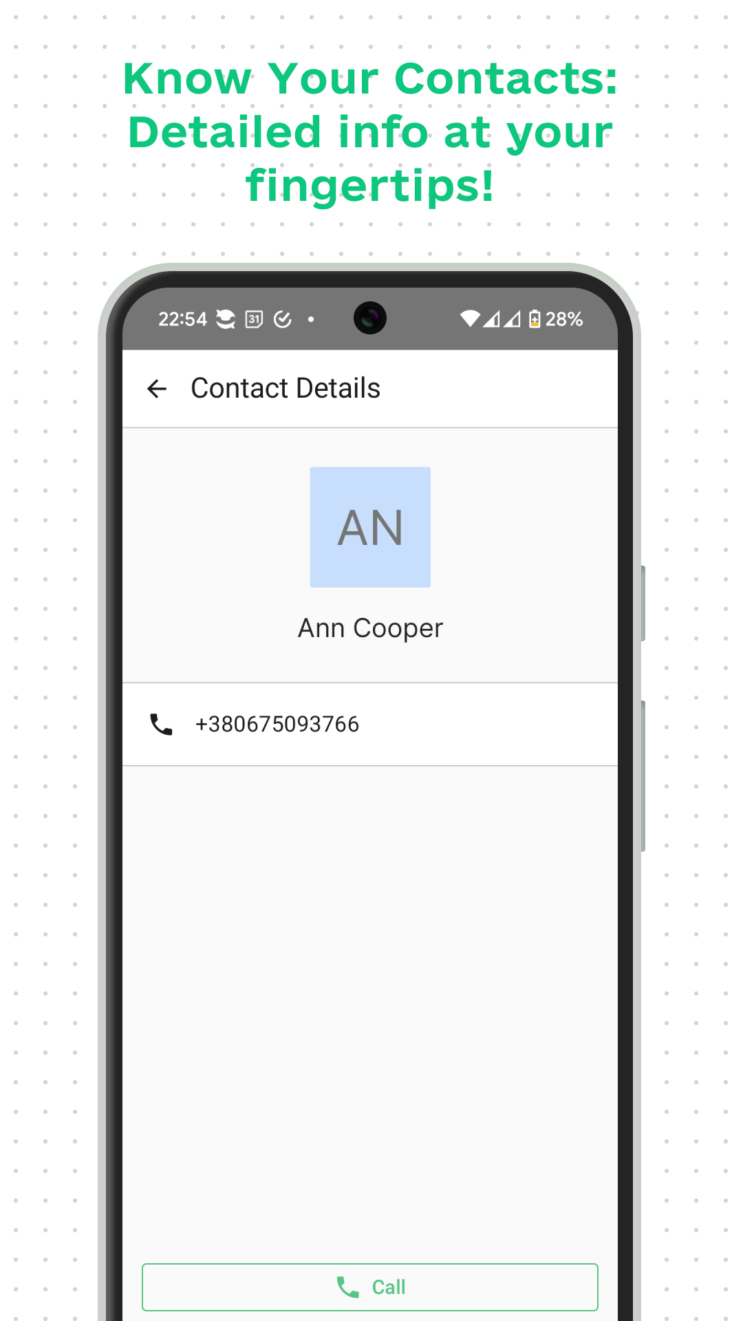 Svit.One screenshot: Access contact details on a clean, uncluttered screen. Instantly view a contact's name and number, and connect with a single tap using the prominent 'Call' button to streamline communication.