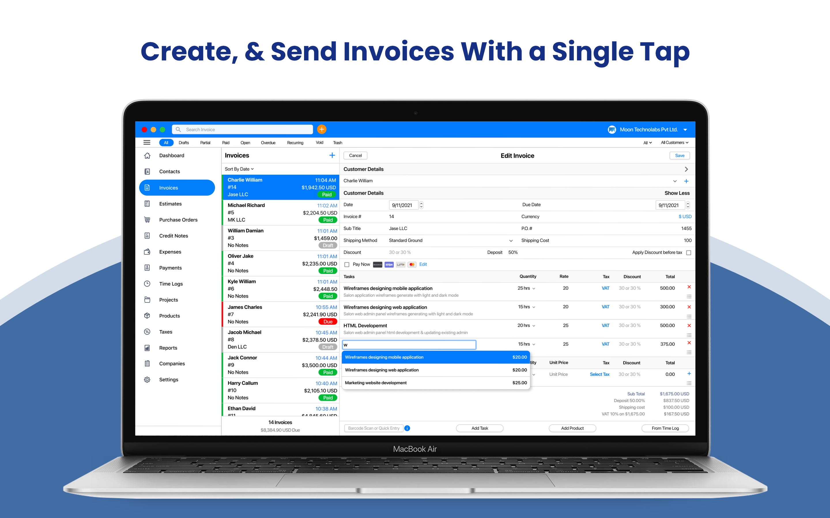 Create, & Send Invoices With a Single Tap