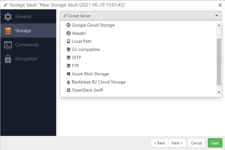 Comet Backup Software - Add storage vault