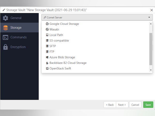 Comet Backup Software - Add storage vault