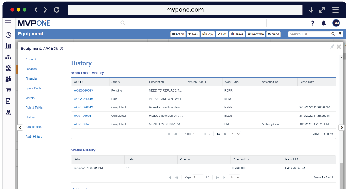 MVP One screenshot: MVP Plant asset management