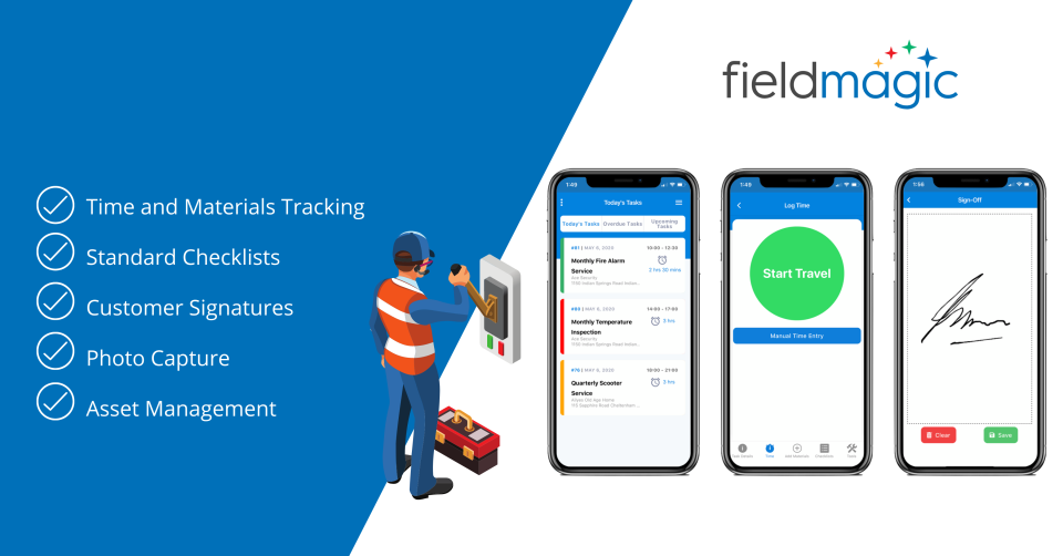 With Fieldmagic Mobile for iOS and Android, capture job data including notes, travel and job time, before and after photos, customer signatures and much more.