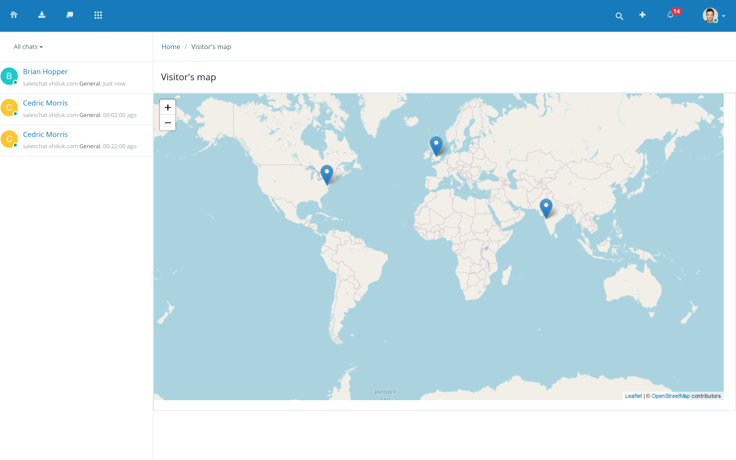 Vision Helpdesk Software - Live Chat Visitors Map
