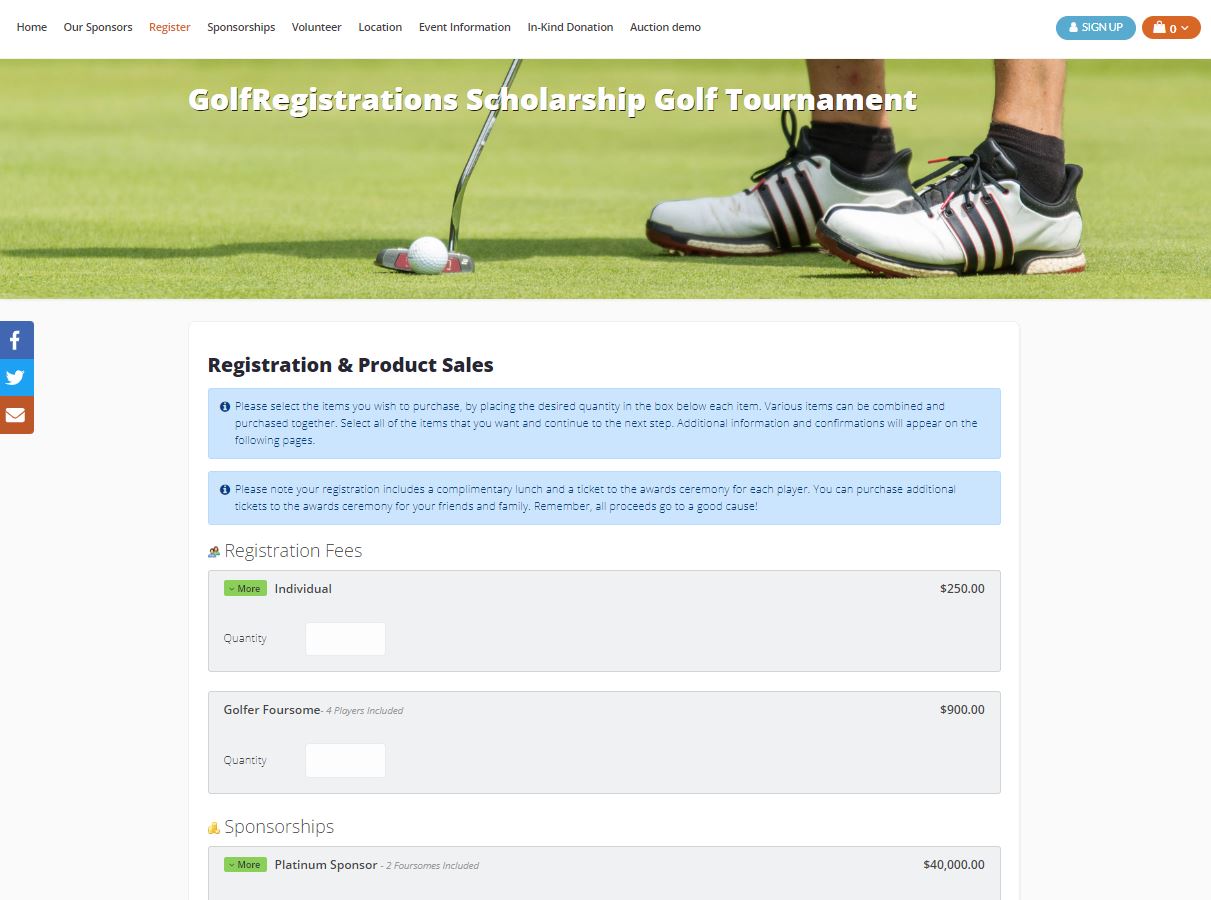 Easy, flexible custom registrations for golfers, foursomes and Sponsorships that include registrations.