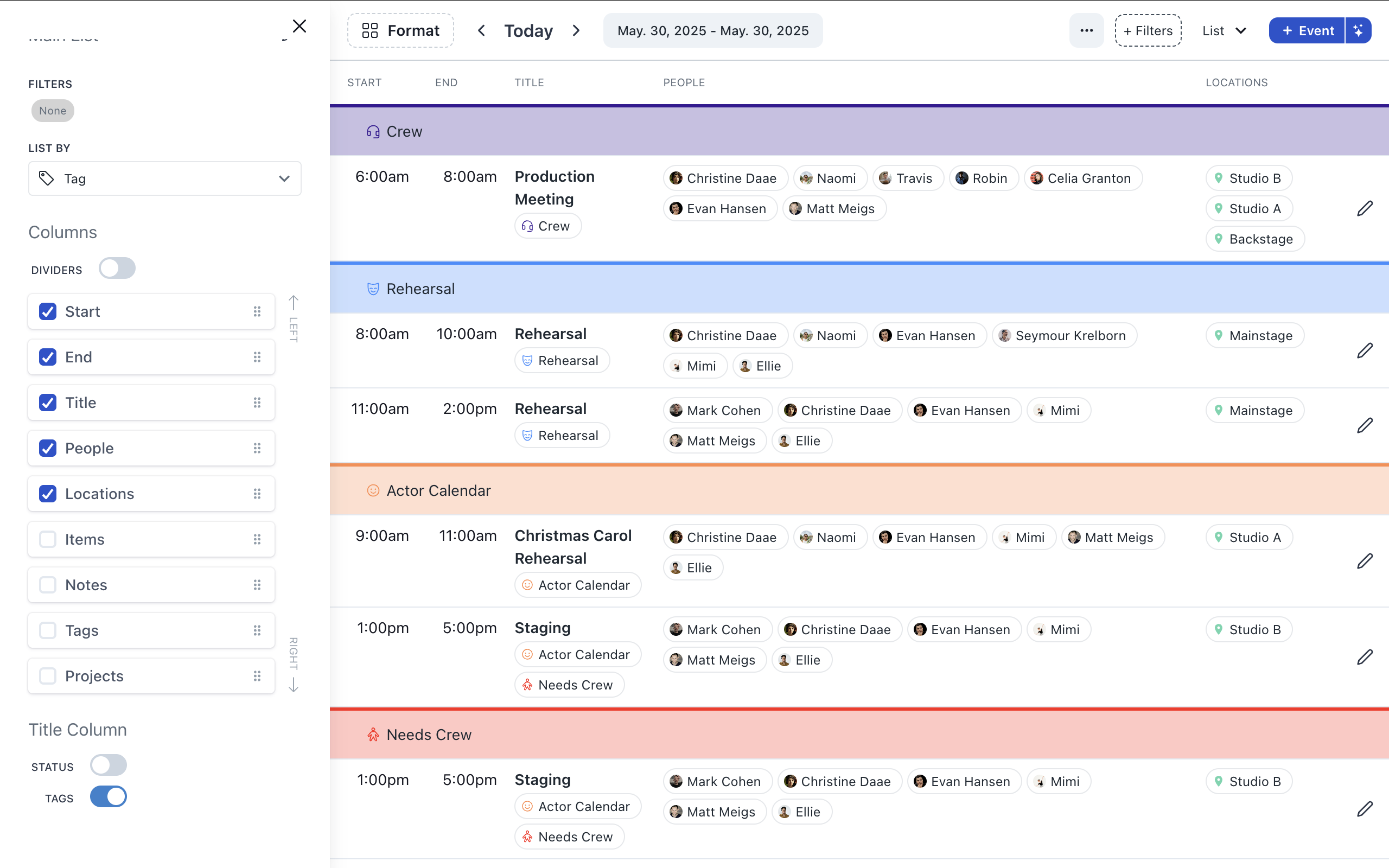 Prospero Software - List layout with formatting options and events listed by tag