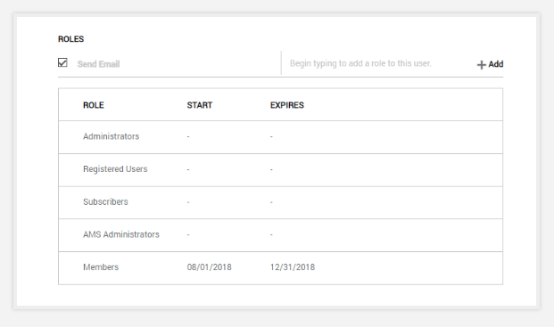 Engage AMS screenshot: All users can be assigned roles and permissions related to their position or membership type