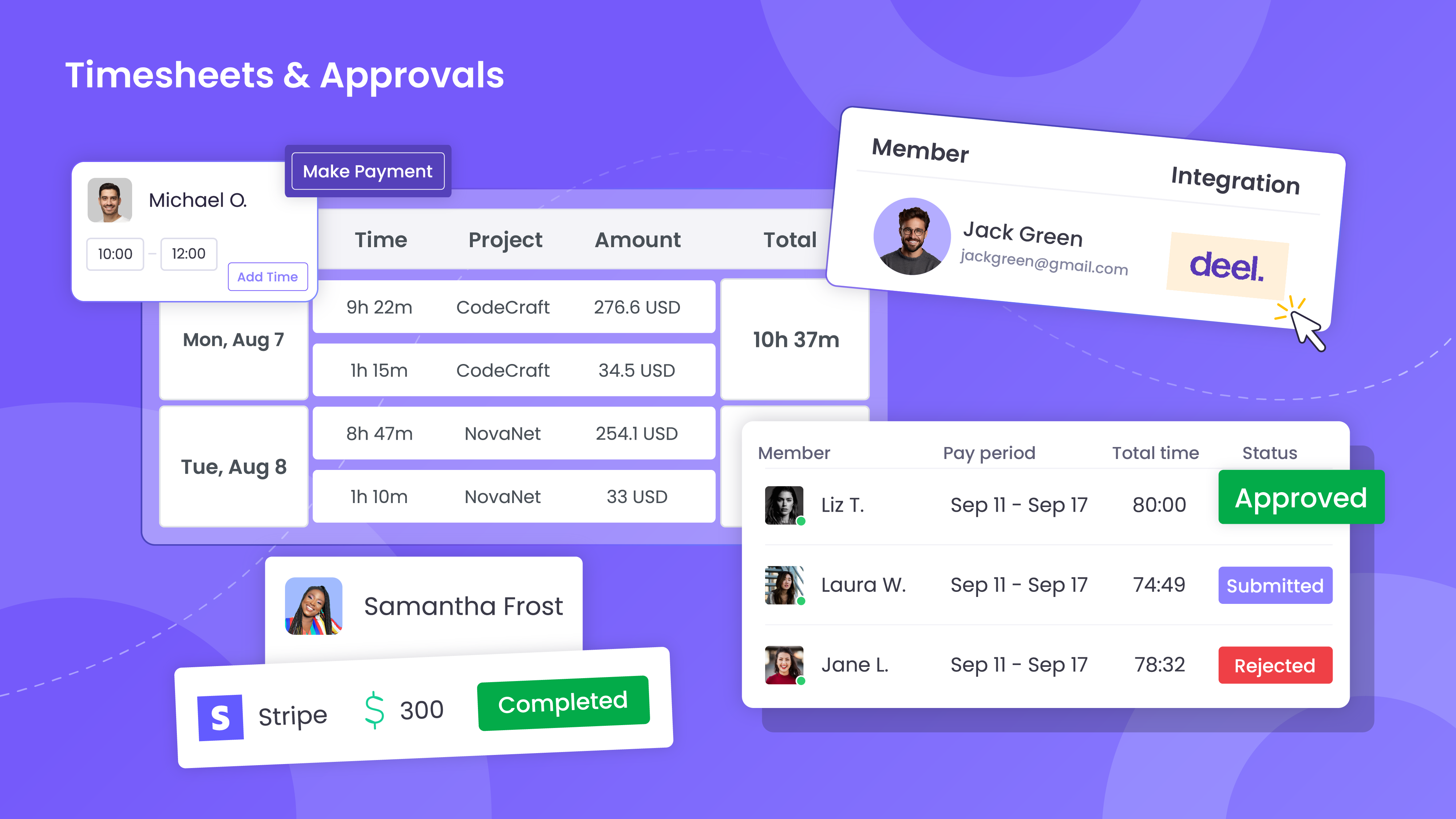 WebWork Time Tracker Software - Timesheets & Timesheet Approvals streamline payroll with tracked hours, project costs, and seamless payment integrations. Approve, reject, or pay all in one place.