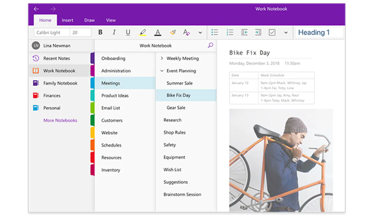 Microsoft OneNote screenshot: Microsoft OneNote color-coded workbook tabs
