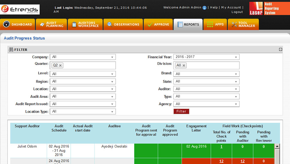 Laser Audit Reporting System - LARS screenshot: Laser Audit Reporting System reports