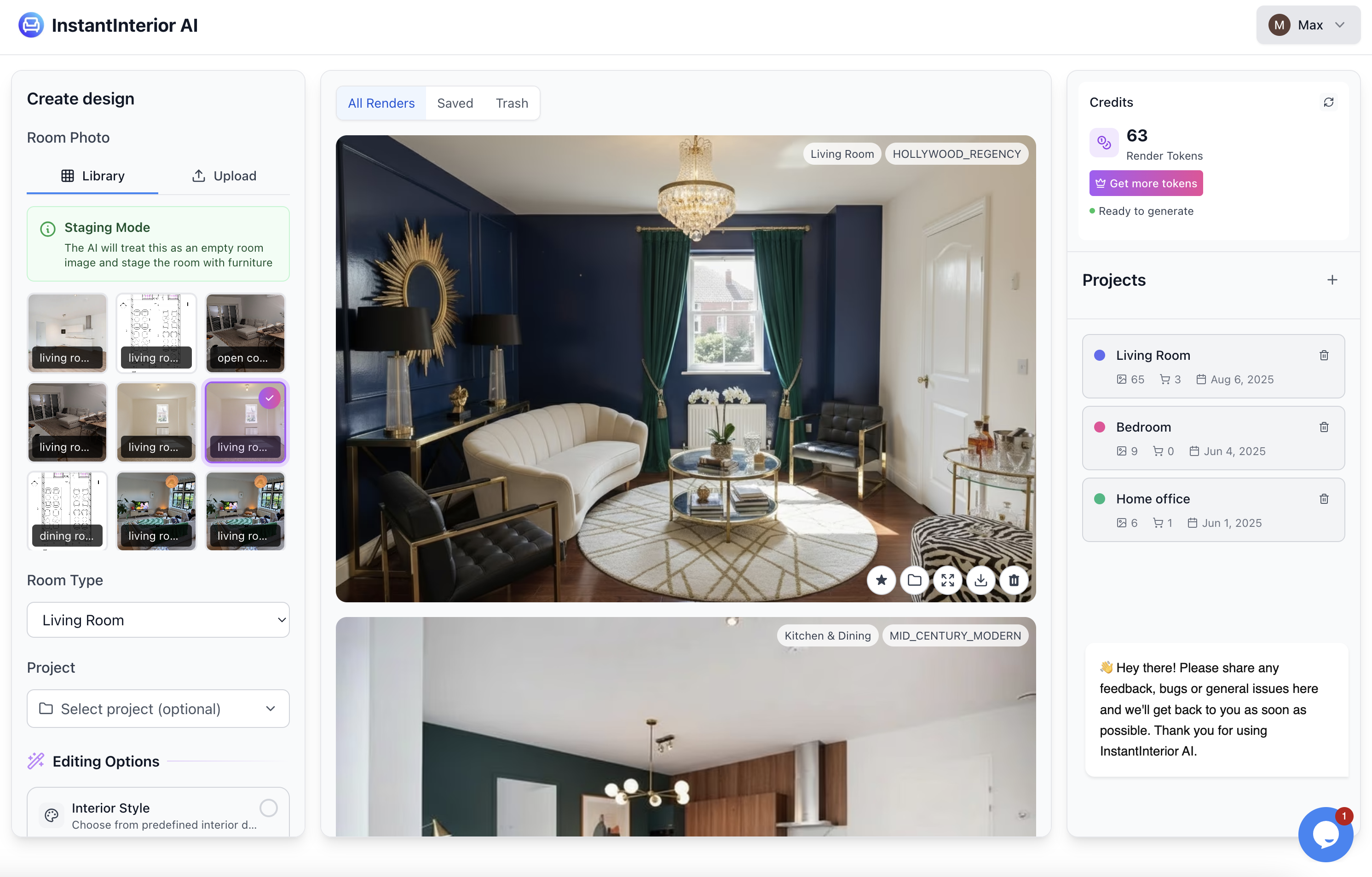 InstantInterior AI screenshot: InstantInterior AI Dashboard