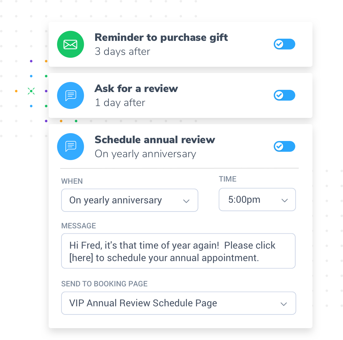 An appointment campaign sequence showing how Apptoto can be used to send requests for business reviews and connect with long-time customers on their anniversary with your business