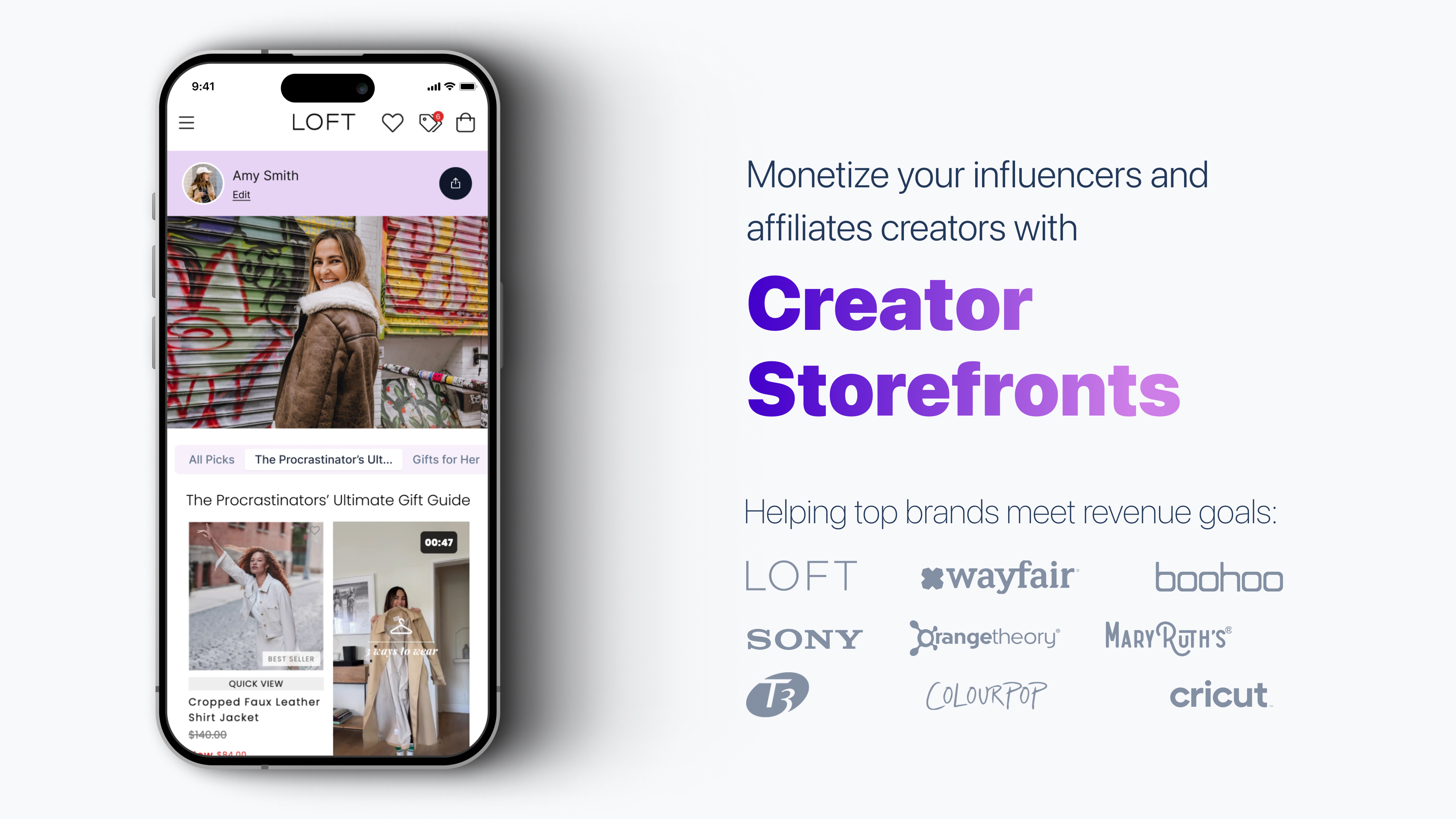 LoudCrowd screenshot: Creator Storefronts help hundreds of top eComm brands reach their influencer and affiliate creator revenue goals. Creator Storefronts live natively on any eComm site.